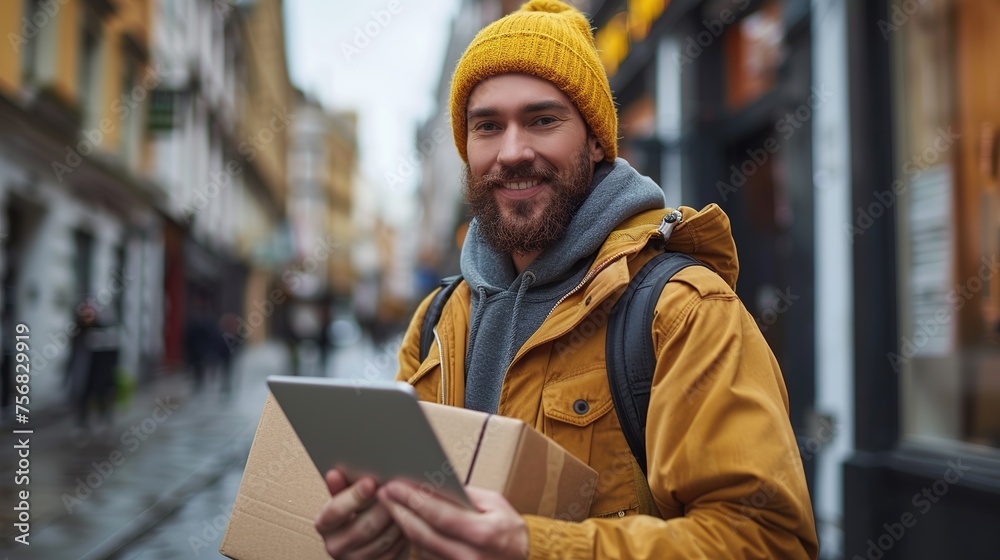 Smiling young male postal delivery courier man in front of cargo van delivering package Smiling young male postal delivery courier man in front of cargo van delivering package