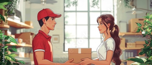 A delivery courier hands over cardboard boxes of goods to a woman near the door of her house