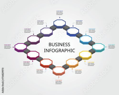 Octagon step chart template for infographic for presentation for 12 element timeline
