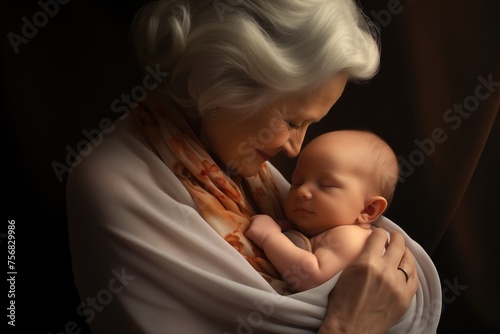 Grandmother holds her newborn granddaughter in her arms and looks at her with a smile