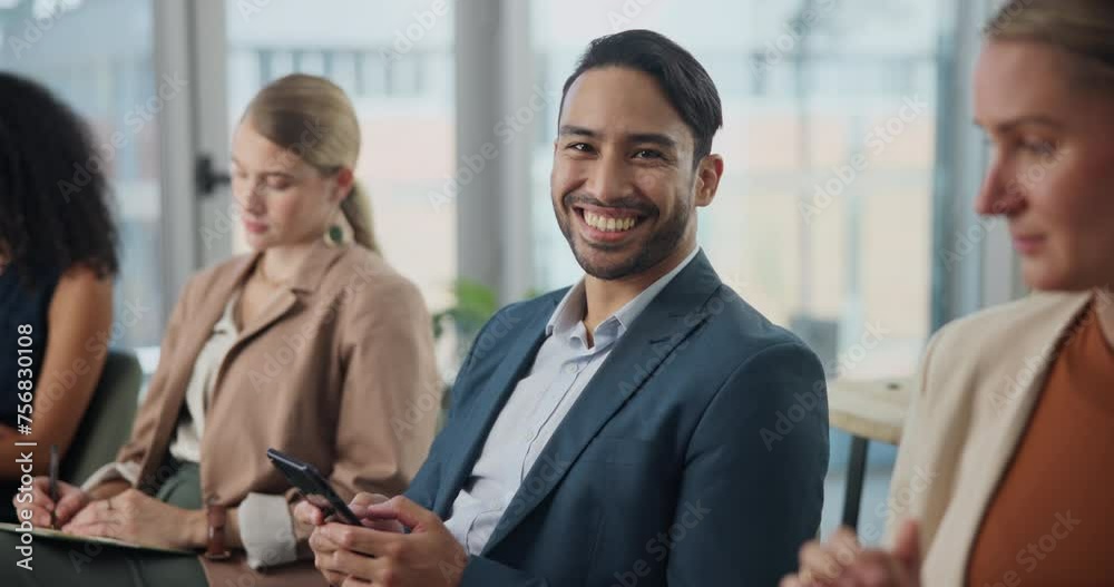 Interview, phone or business people in waiting room for online application, sign up or recruitment registration. Hiring, face or happy asian man in hr office line with app for job, search or survey