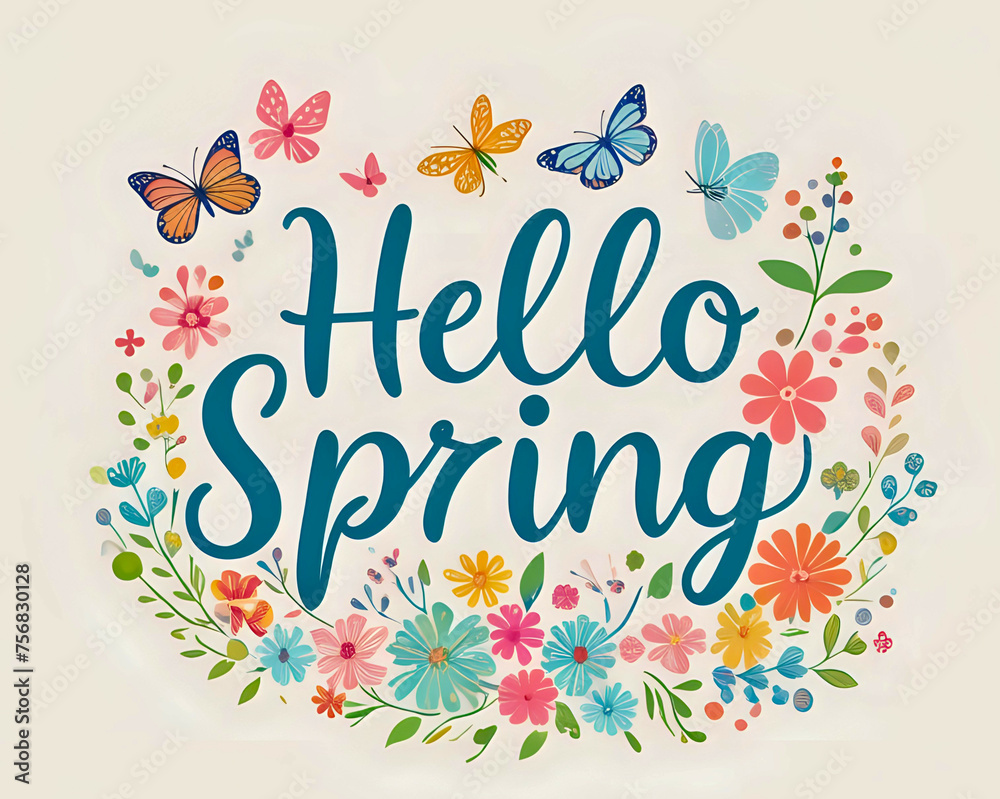 Spring Celebration: 'Hello Spring' Text Surrounded by Blooming Nature