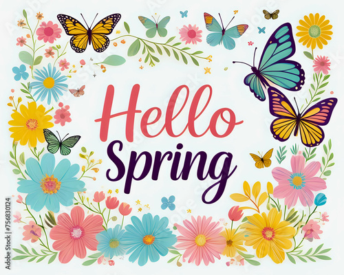 Spring Celebration: 'Hello Spring' Text Surrounded by Blooming Nature