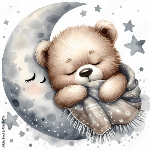 watercolor illustration of cute cuddly baby bear  for baby nursery children's room  decor