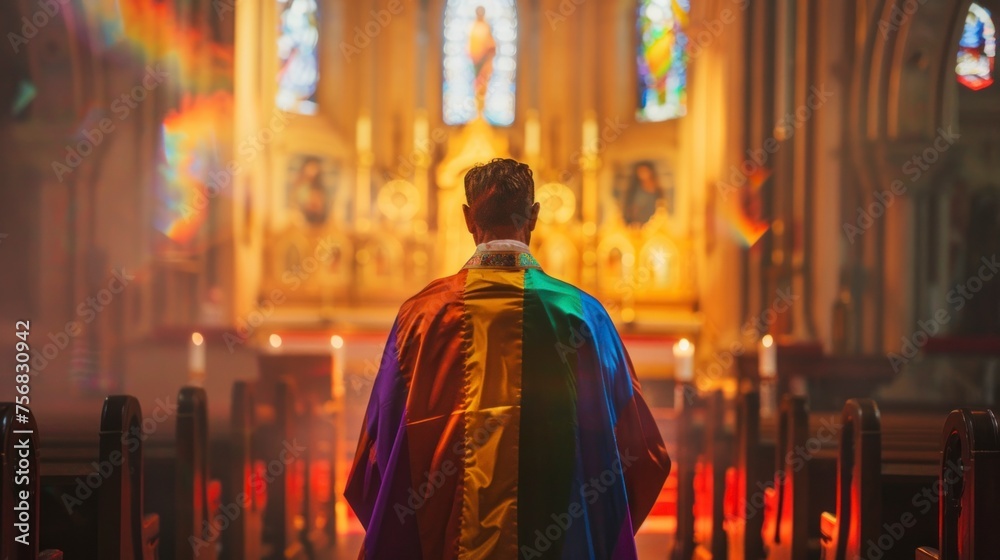 Catholic priest entering a church with an LGBT robe to a ceremony in high resolution and quality