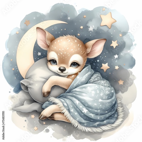 watercolor illustration of cute baby deer sleeping  for baby nursery children's room  decor