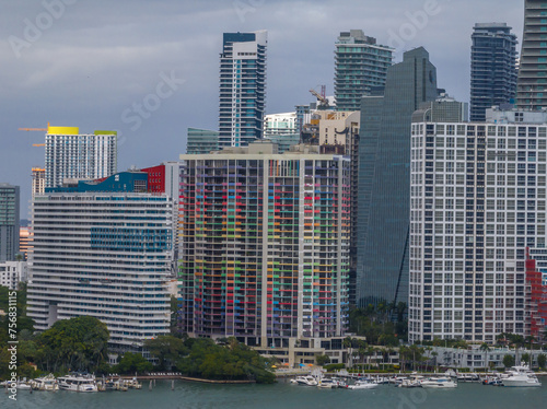 CLoseup aerial view of Miami downtown skyscrapers with colorful balconies
