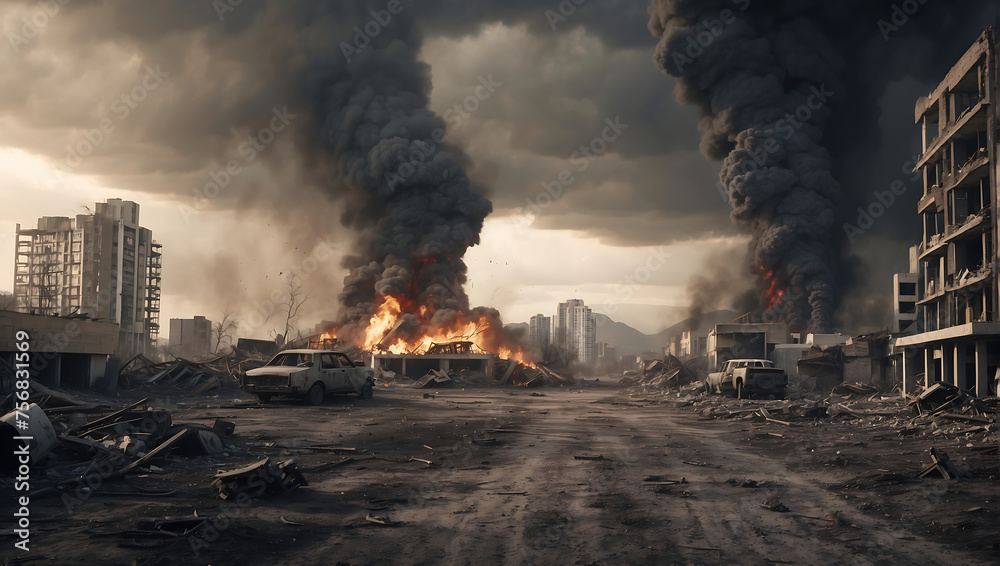 Apocalyptic destruction scene. World collapse, doomsday scene, digital painting.