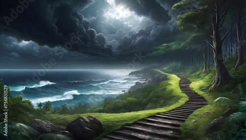Wherever the Path Leads A businessman standing in world, world one side showing an ocean and other side forest with black clouds backround