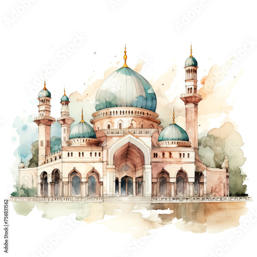 Watercolor Islamic Mosque, Suitable for Eid Mubarak greetings and Ramadan Kareem