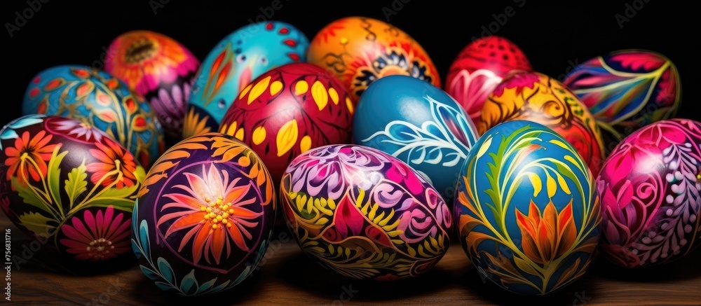 A variety of colorful Easter eggs are displayed on a wooden table, adding to the festive Easter decor. These eggs can be used as ornaments or toys for the holiday event