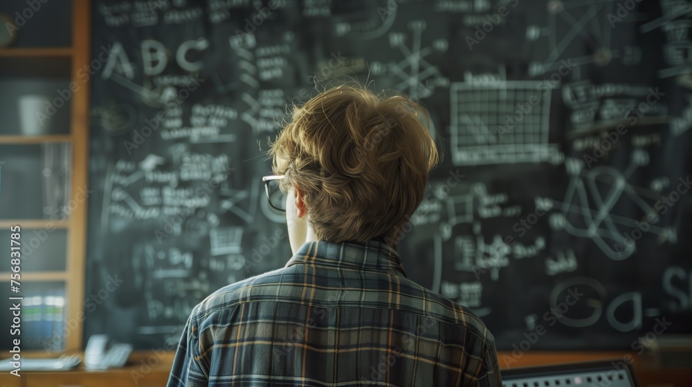 A mathematician wearing glasses focused deeply on solving complex problems. Male mathematician in search of mathematical understanding. - obrazy, fototapety, plakaty 