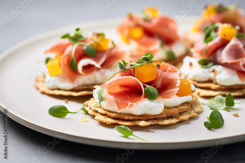 Crispy cracker bites with cheese, prosciutto and jam. Festive appetizer on a plate. Horizontal, close-up, side view.