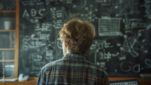 A mathematician wearing glasses focused deeply on solving complex problems. Male mathematician in search of mathematical understanding. photo