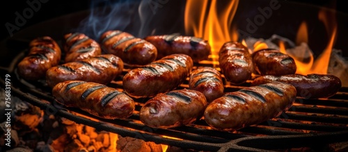 Various sausages such as Mettwurst, Cervelat, Knackwurst, Thuringian sausage, Italian sausage, and Loukaniko are cooking on a grill over a fire, creating a mouthwatering aroma photo