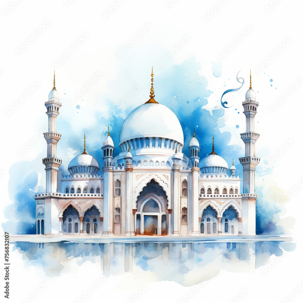 Fototapeta premium Watercolor Islamic Mosque, Suitable for Eid Mubarak greetings and Ramadan Kareem