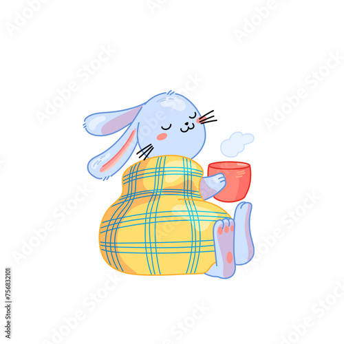 Cute rabbit sits in warm blanket and enjoys cup of tea in the morning. Vector hugge illustration with cartoon animal about relax and enjoyment for stickers, print, web. Isolated on whhite.