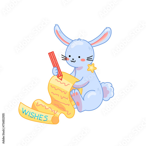 Cute bunny with a pen writes wishlist for Christmas holidays. Dreamy vector illustration with cartoon animal about making a wish. Isolated on white, great for postcards, gifts, stickers, print, web.