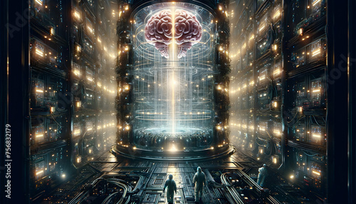 A colossal  illuminated brain  the Savior Machine.