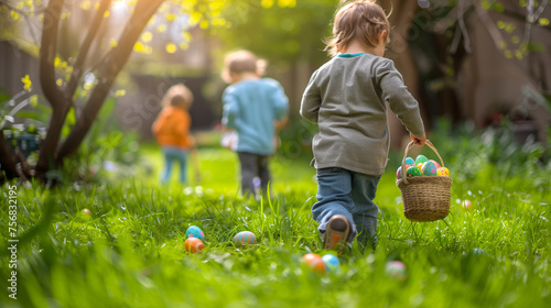 Children searching for colorful eggs in flower meadow, family together at Easter Sunday holiday, kids on Easter egg hunt, blurred background photo