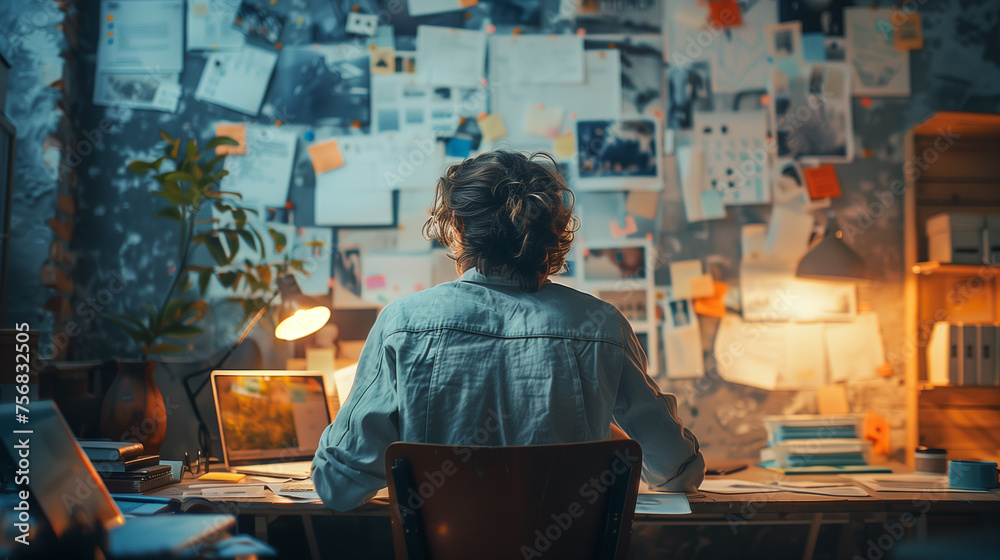 At workspace in a well-organized creative home office mess, an entrepreneur's back view reveals a vision board, thoughtful planning, and ideas on the wall, depicting the story of dreams and strategy. At workspace in a well-organized creative home office mess, an entrepreneur's back view reveals a vision board, thoughtful planning, and ideas on the wall, depicting the story of dreams and strategy.