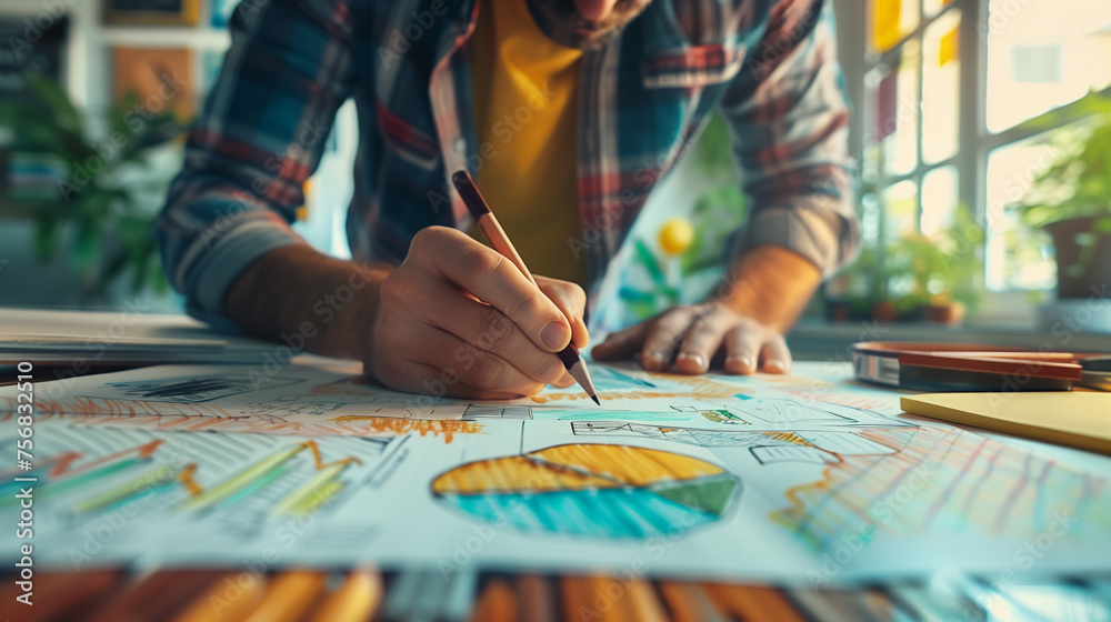 Close-up on the sketchbook and hands of a focused entrepreneur in a home office, meticulously examining future plans, highlighting a creative environment and the narrative of vision and design.