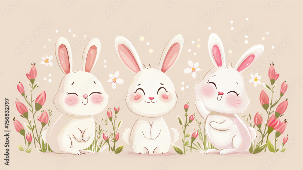 cute Happy Easter cartoon characters and design elements. Bunnies, Easter eggs, flowers, hearts. Spring illustration. Funny fashion rabbit cute Happy Easter cartoon characters and design elements. Bunnies, Easter eggs, flowers, hearts. Spring illustration. Funny fashion rabbit