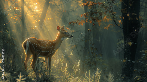 An early morning scene captures a young spotted deer in a misty, sun-kissed autumnal forest. Autumn Sunrise with a Young Spotted Deer.