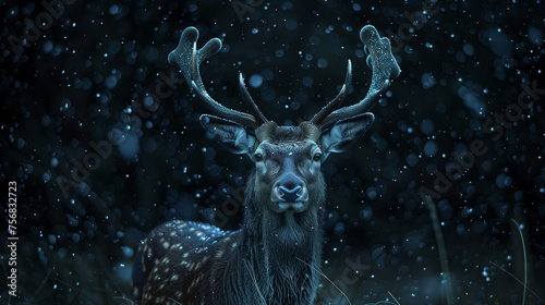 A portrait of a deer in the night, its velvety antlers highlighted against the soft snowfall and dark blue tones of the environment. Deer with Velvety Antlers in Night Snowfall.