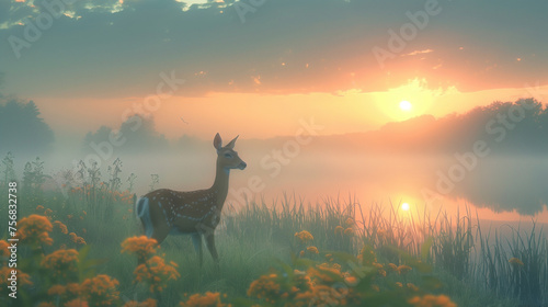 A serene fawn stands by a mist covered lake as the first rays of the sunrise filter through the haze. Fawn in Misty Lakeside Sunrise.