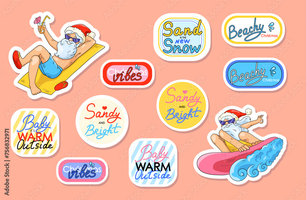 Santa Claus lay on the beach and surf the ocean vawe. Vector sticker collection with cartoon Santa and funny phrases for positive mood, decoration and print.