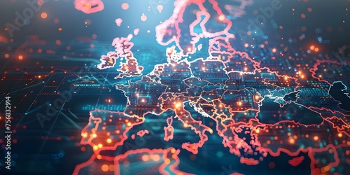 Tech concept digital Western Europe map symbolizing data exchange connectivity technology. Concept Technology, Digital Map, Western Europe, Data Exchange, Connectivity photo
