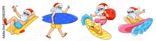 Santa Claus cartoon character set with seacost mood. Santa surfing, lay on the beach, hold cocktail and gift bag. Vector tropical funny illustration for Christmas on the beach.