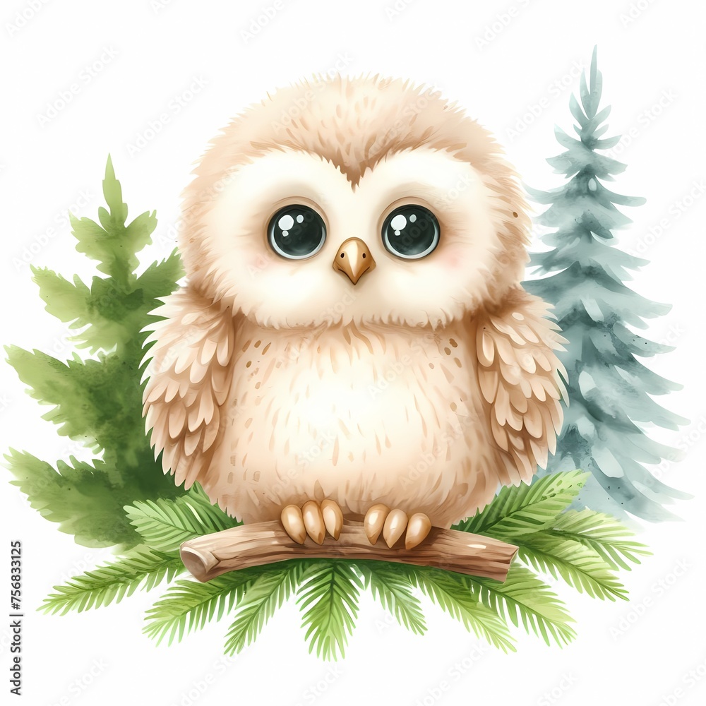 watercolor illustration of cute baby owl with pine trees sitting on a tree trunk for baby nursery kids room children' s room decor watercolor illustration of cute baby owl with pine trees sitting on a tree trunk for baby nursery kids room children' s room decor