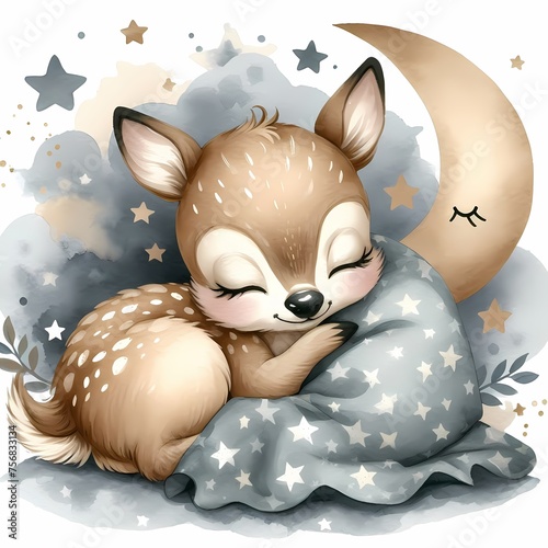 watercolor illustration of cute baby deer sleeping with blanket moon stars for baby nursery kids room children' s room decor