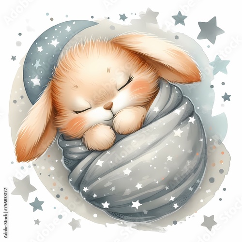 watercolor illustration of cute sleepy baby unny for baby nursery kids room children' s room decor photo