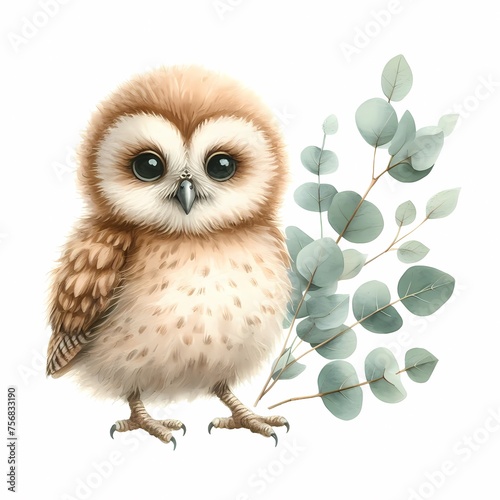 watercolor illustration of cute baby owl with leves for baby nursery kids room children' s room decor