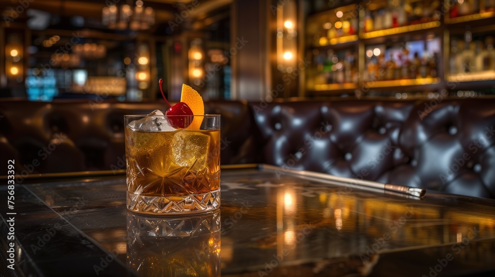 Bourbon, Sugar, and Bitters in Whiskey Glass, Dimly Lit Vintage Bar Background