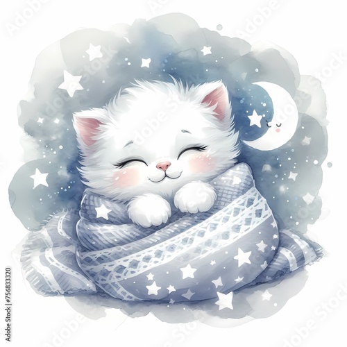 watercolor illustration of cute baby white cat sleeping for baby nursery kids room children' s room decor
