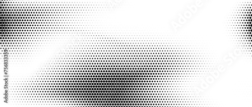 Hexagon halftone gradient texture. Abstract black white hex grunge background. Geometric retro tech wallpaper. Fading wavy hexagonal pattern backdrop. Vector vanishing honeycomb grunge overlay