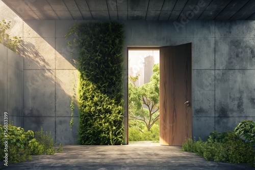 Serene doorway blends modern design with nature, leading to an urban park