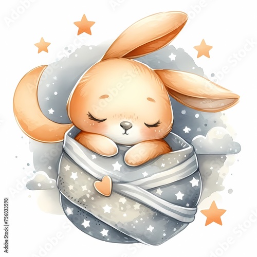 watercolor illustration of cute sleepy baby bunny for baby nursery kids room decor