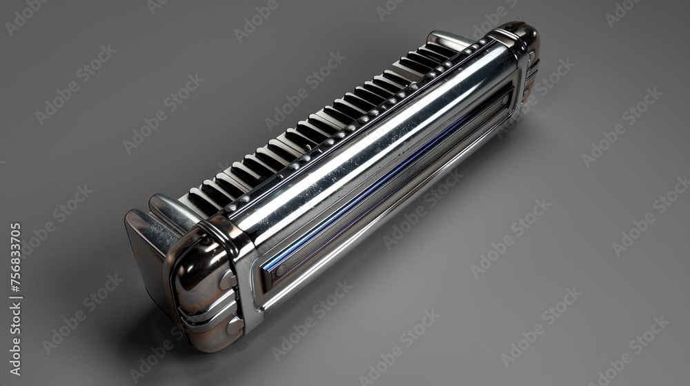 A harmonica with a chrome finish, arranged on a solid grey background for a vintage and timeless music shot. A harmonica with a chrome finish, arranged on a solid grey background for a vintage and timeless music shot.