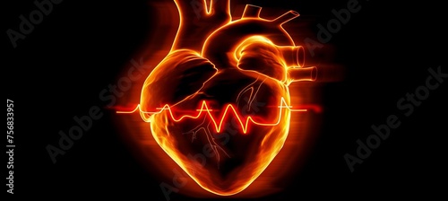 Red pulse line on abstract heart shape, health, cardiology concept on dark background.