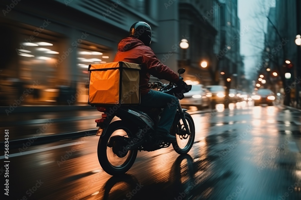 Fast and free delivery food by scooter in the afternoon in the city