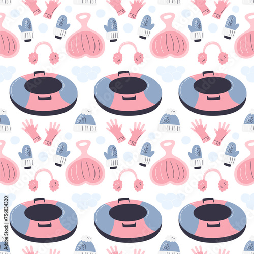 Cute winter outdoor accessories design isolated on white. Winter activity equipment background print. Hobby and leisure seamless pattern. Sledding inventory hand drawn flat vector illustration