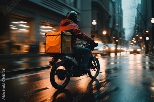 Fast and free delivery food by scooter in the afternoon in the city