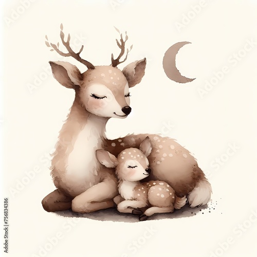 watercolor illustration of baby deer and mopther deer sleeping for baby nursery kids room children's room prints  decor