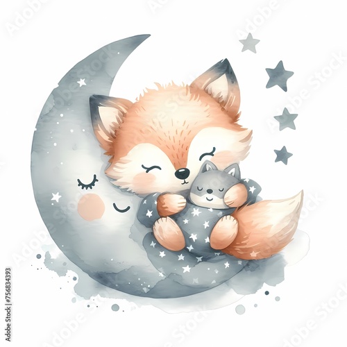 watercolor illustration of cute baby fox holding a toy for baby nursery kids room children's room prints decor