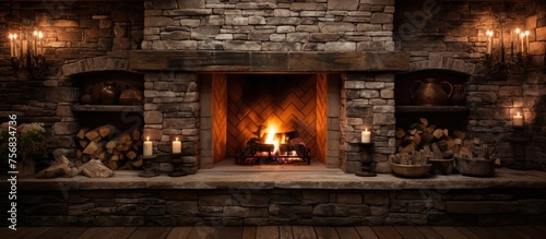 Stone fireplace with flames